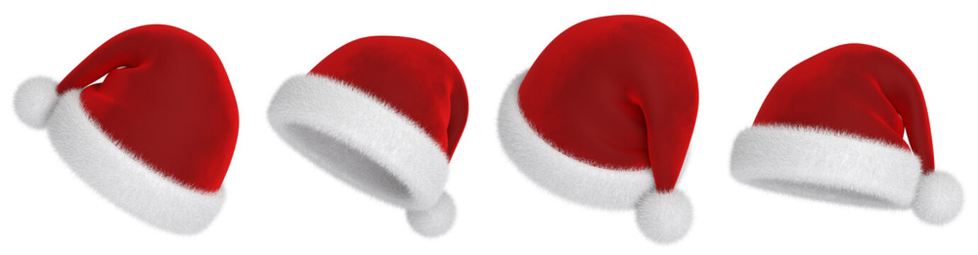 Velvet red Santa hat with white fur and tassel. Isolated elements for Christmas design. 3D rendered image set.