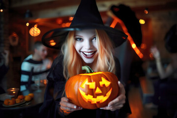 Young woman dressed for Halloween party holds a carved pumpkin with playful smile. Generative AI