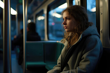 Solitary Girl On Public Transport, Riding Tram
