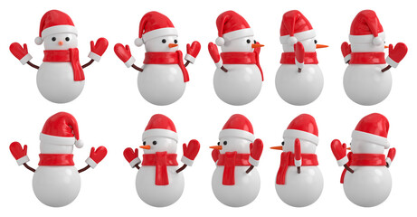 Cartoon snowman with branch hands wearing in a red scarf, mittens and Santa hat. 3D rendered character from different sides.