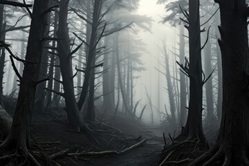 Spooky Forest Shrouded In Fog