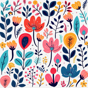 Florals quirky doodle pattern, background, cartoon, vector, whimsical Illustration