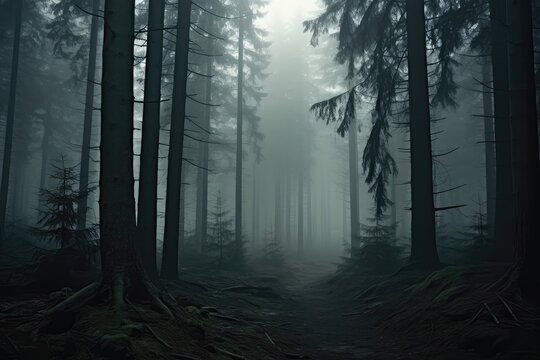Spooky Forest Shrouded In Fog