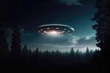 Ufo Spotted In The Night Sky Above Earth With Trees And Forest