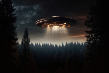 Fototapeta na wymiar Ufo Spotted In The Night Sky Above Earth With Trees And Forest