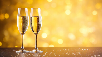 Champagne glasses sparkle like ephemeral stars on New Year's Eve. Champagne glasses on yellow background for celebration and festivity in a toast. - obrazy, fototapety, plakaty