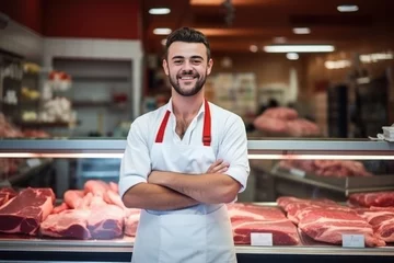 Fotobehang Young smiling man butcher standing at the meat counter  © Adriana
