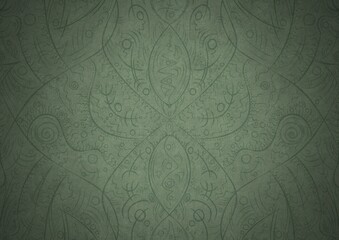 Hand-drawn unique abstract symmetrical seamless ornament. Dark semi transparent green on a light warm green with vignette of a darker background color. Paper texture. A4. (pattern: p08-2a)