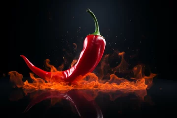 Fototapete Rund Red hot chili pepper on fire. Background with selective focus and copy space © top images