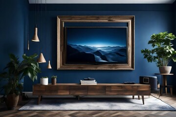 Fototapeta premium A modern TV room with dark blue walls and a Canvas Frame for a mockup positioned perfectly between two wall-mounted ambient lights.