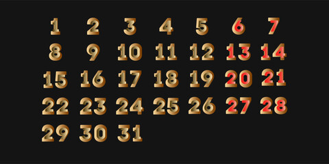 Golden Calendar Numbers Monthly Days Digits Dates Gradient Layout Collection Isolated  On Black Background Vector Design Eps 10 