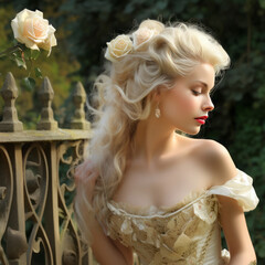Young blonde victorian bride in antique wedding dress. 