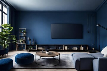 A modern TV room with dark blue walls and a Canvas Frame for a mockup positioned perfectly between two wall-mounted ambient lights.
