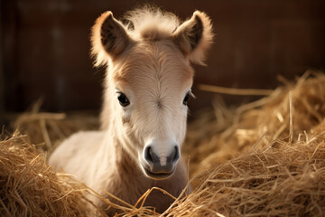 Baby horse laying down on straw in barn. Cute baby animal. Generative AI - obrazy, fototapety, plakaty