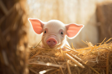 Baby pig laying down on straw in barn. Cute baby animal. Generative AI