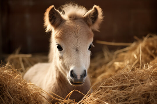 Baby horse laying down on straw in barn. Cute baby animal. Generative AI