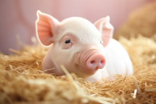 Baby pig laying down on straw in barn. Cute baby animal. Generative AI