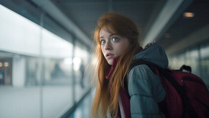 Runaway young girl with a backpack at a bus station turns around, with worried and frightened look. Generative AI