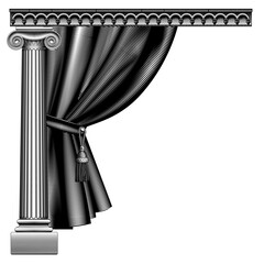 Vintage engraving black and white stylized drawing of ancient column, classic curtain with tassel and decorative cornice isolated on white. Vector 
illustration