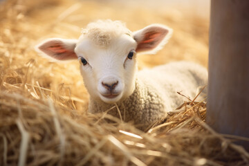 Baby sheep laying down on straw in barn. Cute baby animal. Generative AI