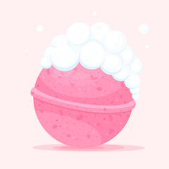 Bath bomb with white soap bubbles on white background. Pink cartoon bath bomb isolated on white background