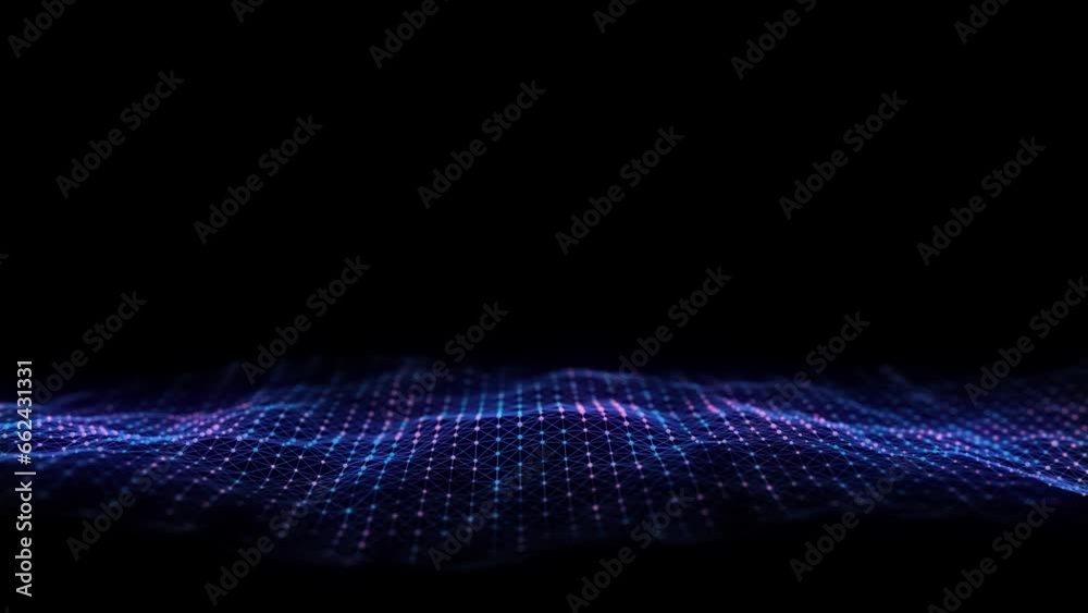 Poster Abstract wave with blue light on black background. Science background with moving dots. Network connection technology. Digital structure with particles. 3d rendering.