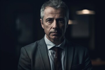 Obraz premium Serious mature businessman looking at camera in dark room