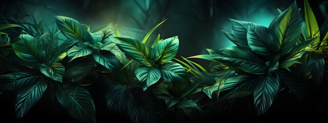 Neon Monstera deliciosa leaves growing in tropical forest for creative design elements, tropical monsters leaves, illustration. Ai - obrazy, fototapety, plakaty
