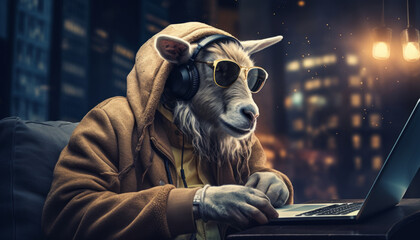 Sheep hacker works on a laptop in a bunker. - obrazy, fototapety, plakaty