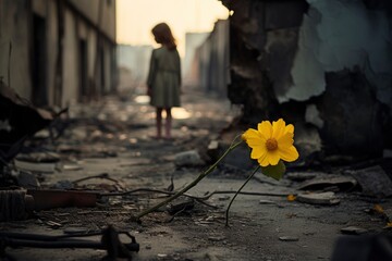 A woman in an alley with a vibrant yellow flower created with Generative AI technology