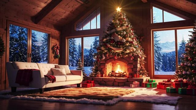 Cozy Wood Cabin Interior with Christmas Decorated Fireplace, Snow falling in the Forest -Seamless Loop