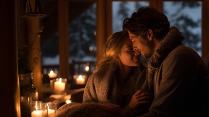 Fototapeta na wymiar Couple embracing surrounded by candles, cozy winter setting, dimmed candle light