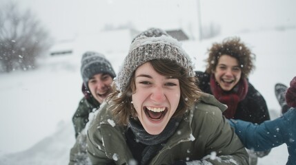 Fototapeta na wymiar photo of friends having a friendly chase, winter landscape, snowball fight, snow, game