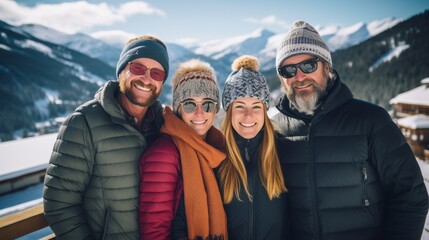 group photo of people against the background of winter mountain scenery