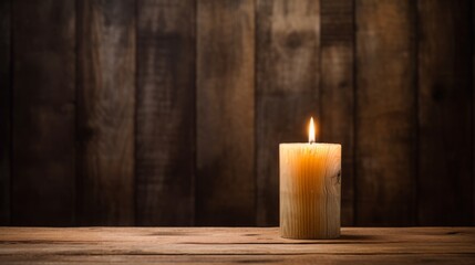 Fototapeta na wymiar burning candle against a wall of wooden planks