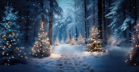 A magical winter forest with multiple Christmas trees decorated with lights, against a backdrop of snow covered trees and a snowy path