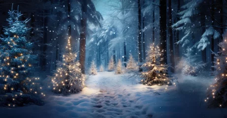 Gordijnen A magical winter forest with multiple Christmas trees decorated with lights, against a backdrop of snow covered trees and a snowy path © ChaoticDesignStudio