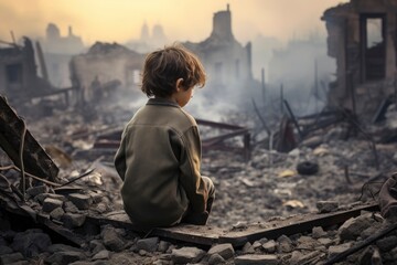 A young boy sitting on top of a pile of rubble, a haunting image of the impact of war on innocent lives created with Generative AI technology