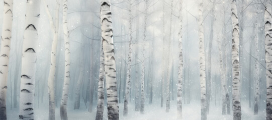 White landscape panorama of winter forest with tall birch trees in soft mist and falling snowflakes - Powered by Adobe