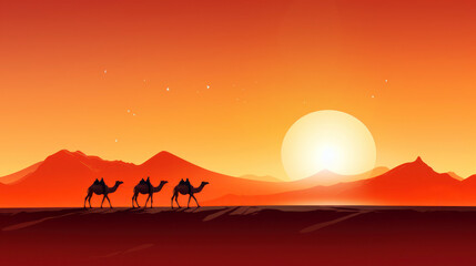 Fototapeta na wymiar Camel caravan goes through the desert at sunset silhouettes flat illustration