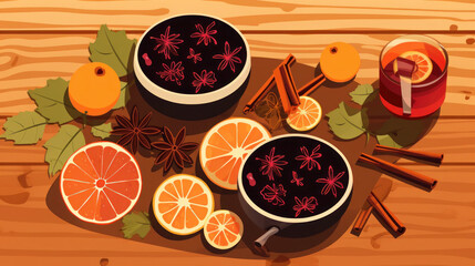 Spices spices fruits Ingredients for making mulled wine grog, flat illustration