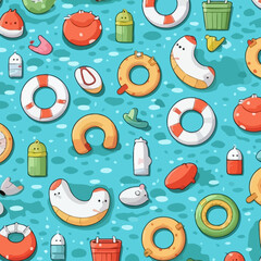 Floating pool toys quirky doodle pattern, background, cartoon, vector, whimsical Illustration