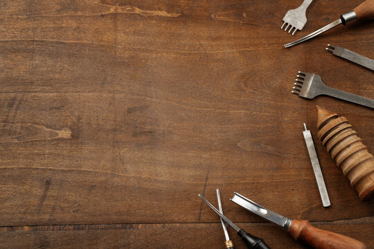 composition of instruments for leather processing. the process of manufacturing leather goods. handmade