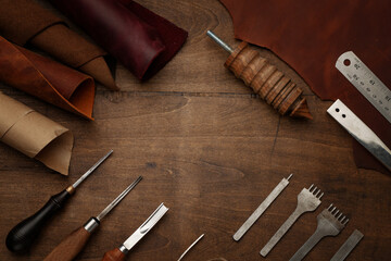 composition of instruments for leather processing. the process of manufacturing leather goods. handmade