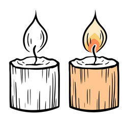Burning paraffin candle. A spark of flame. Aromatic accessory for home, spa salon. Black and color vector illustration. Sketch hand drawn line
