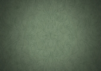 Hand-drawn unique abstract symmetrical seamless ornament. Dark semi transparent green on a light warm green with vignette of a darker background color. Paper texture. A4. (pattern: p11-1a)