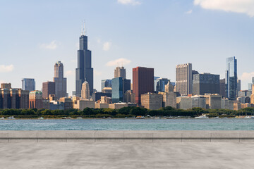 Skyscrapers Cityscape Downtown, Chicago Skyline Buildings. Beautiful Real Estate. Day time. Empty rooftop View. Success concept.