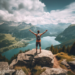 Man with backpack standing on top of a mountain and enjoying the view of the lake