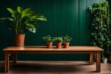 Brown wooden table with potted plants and green wall background. High quality photo  