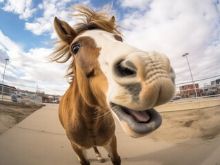 Close-up portrait of a horse. Detailed image of the muzzle. A domestic animal is looking at something. Illustration with distorted fisheye effect. Design for cover, card, postcard, decor or print.